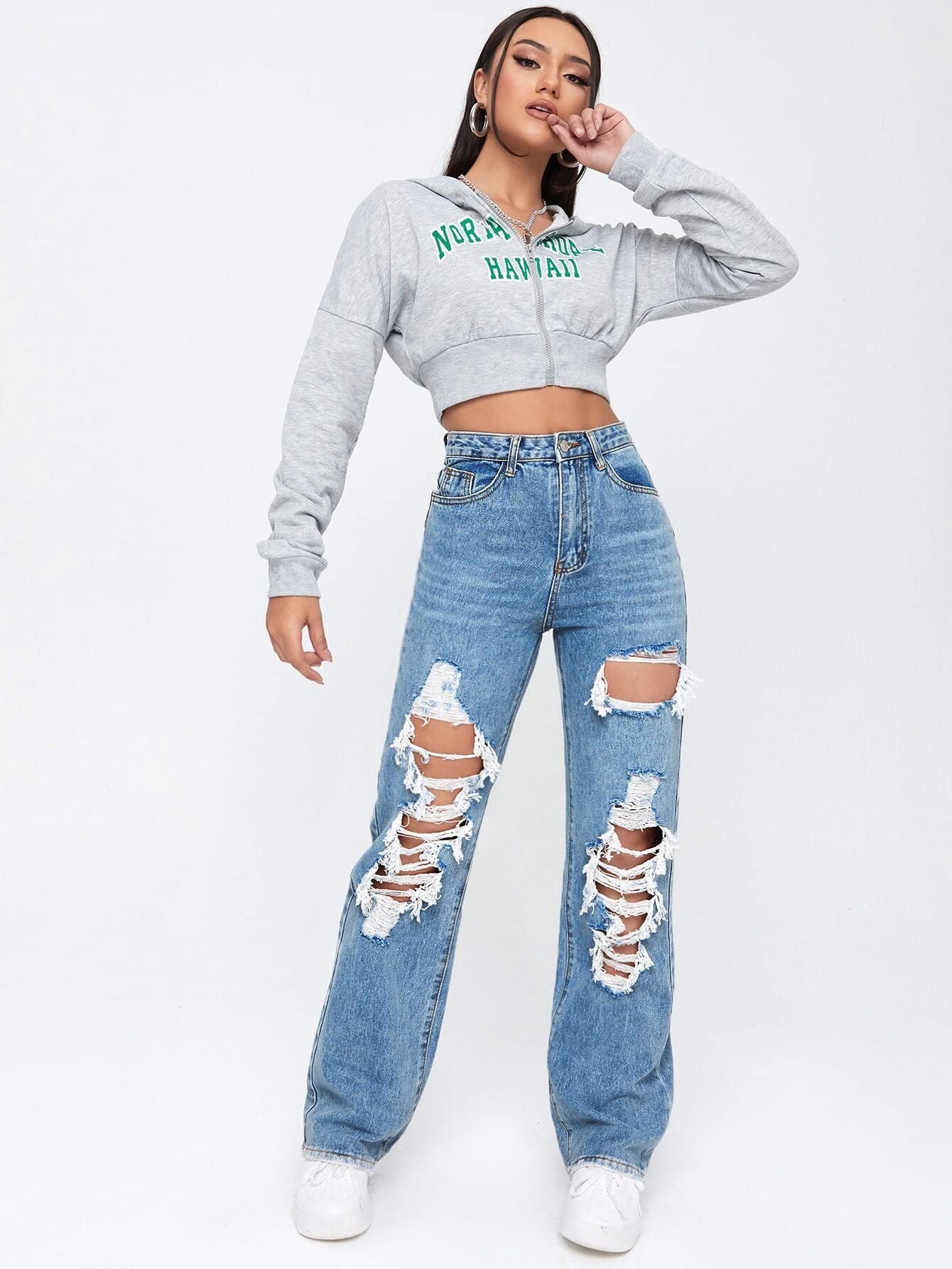 Women's Jeans Light Washed Cut Out Ripped Straight Leg Jeans Jeans